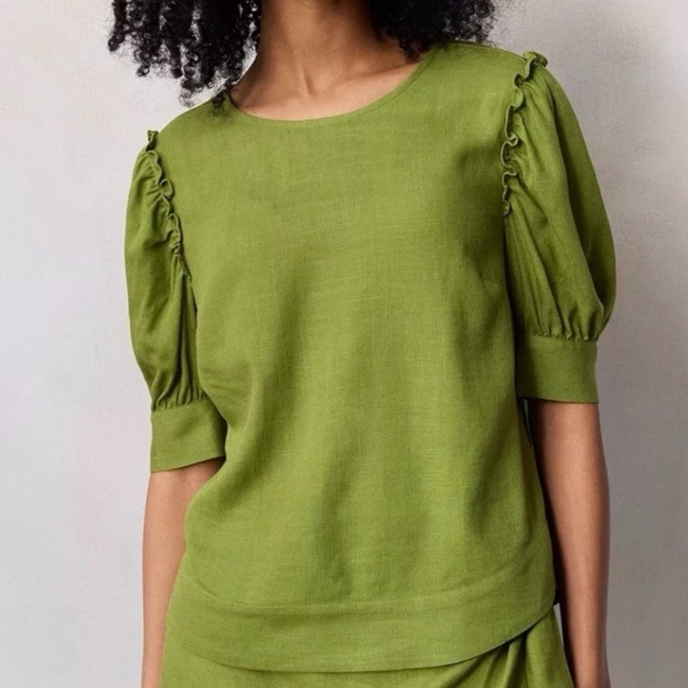 LC Lauren Conrad Puff Sleeve Hi-Low Popover Blouse Linen Blend